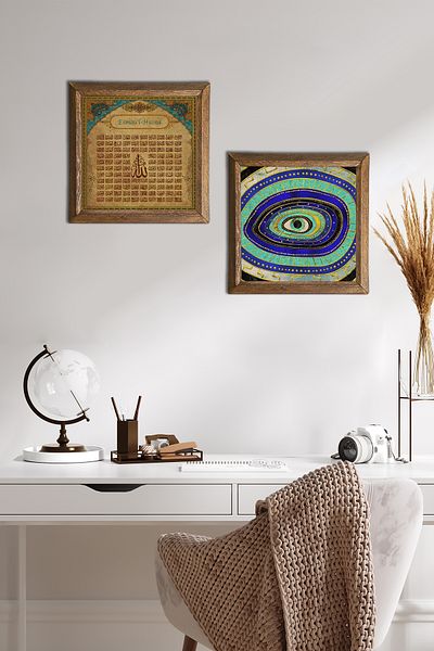 Pinecone Evil Eye, Esma'ul Hüsna Pictură pe perete din piatră Decor de perete cu rame din lemn Set de pictură 2 piese -W2-721-