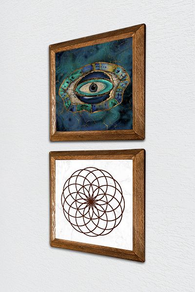 Pinecone Evil Eye, Flower of Life Stone Wall Painting Wooden Framed Wall Decor Set of 2 Painting Wall Art -W2-492-