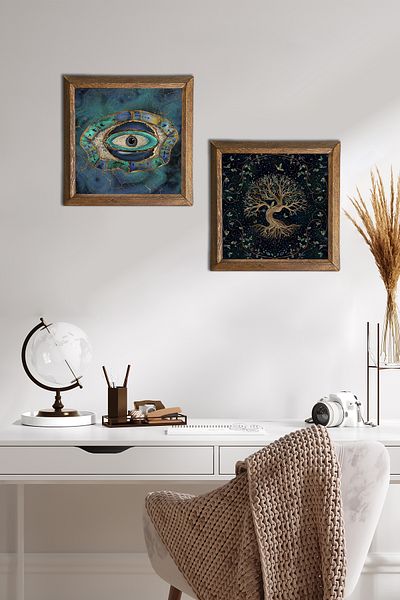 Pinecone Evil Eye, Tree of Life Stone Wall Painting Wooden Framed Wall Decor Set of 2 Painting Wall Art -W2-439-