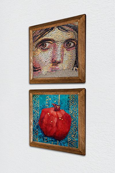 Pinecone Gypsy Girl Mosaic, Pomegranate Stone Wall Painting with Wooden Frame Wall Decor 2 Piece Painting Set -W2-101-