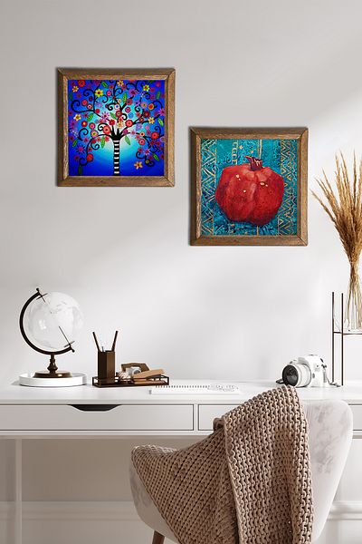Pinecone Tree of Life, Pomegranate Stone Wall Painting Wood Framed Wall Decor 2 Piece Painting Set Wall Art -W2-669-