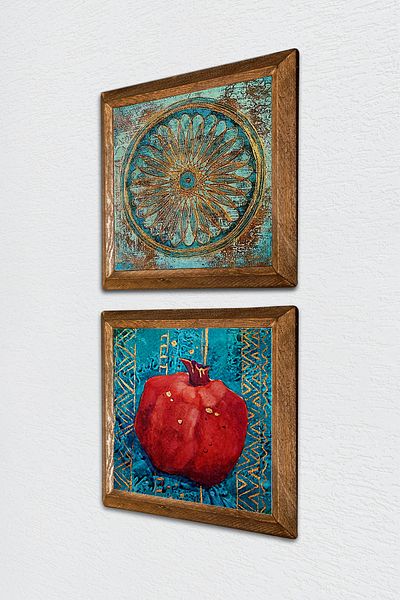 Pinecone Floarea vieții, pictură pe perete din piatră de rodie, decor de perete cu rame din lemn, set de 2 picturi, artă de perete -W2-122-