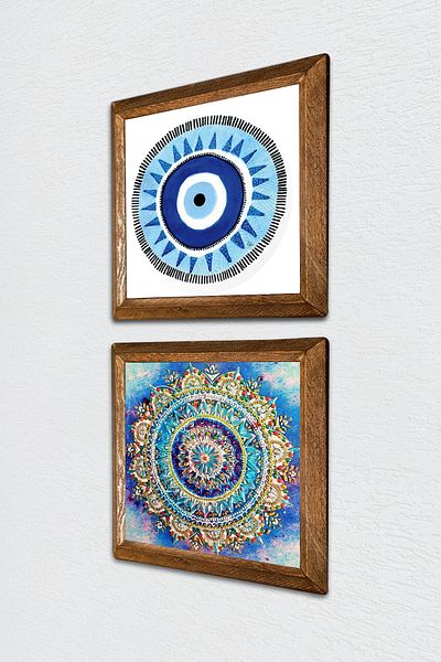 Pinecone Evil Eye, Mandala Stone Wall Painting Wooden Framed Wall Decor 2 Piece Painting Set Wall Art -W2-580-