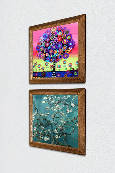 Pinecone Van Gogh Almond Tree, Tree of Life Stone Wall Painting Wooden Framed Wall Decor Set of 2 Painting -W2-652-