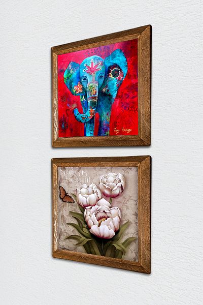 Pinecone Elephant, Butterfly Flower Stone Wall Painting with Wooden Frame Wall Decor 2 Piece Painting Set -W2-310-