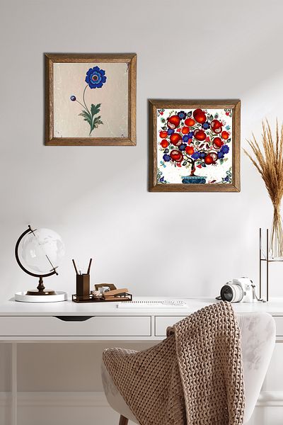 Pinecone Marbling Art, Pomegranate Tree Stone Wall Painting with Wooden Frame Wall Decor 2 Piece Painting Set -W2-161-