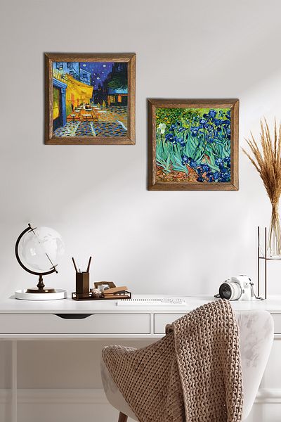 Pinecone Van Gogh Cafe Terrace at Night, Irises Stone Wall Painting Wood Framed Wall Decor -W2-386-