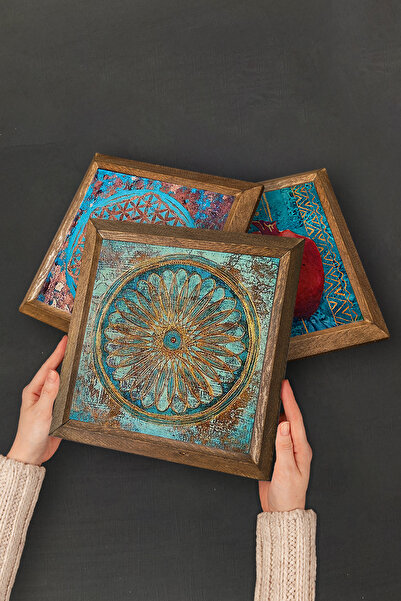 Pinecone Sri Yantra, Yaşam Çiçeği Taş Duvar Tablosu Ahşap Çerçeveli Duvar Dekoru 2 Parça Tablo Seti -W2-513-