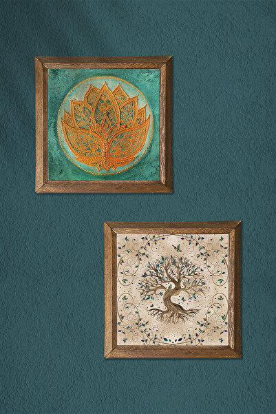 Pinecone Lotus Flower, Tree of Life Stone Wall Painting with Wooden Frame Wall Decor 2 Piece Painting Set -W2-211-