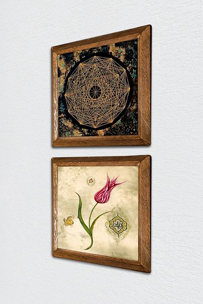 Pinecone Sri Yantra, Πέτρινη Ζωγραφική Τοίχων Τουλίπας με Ξύλινο Πλαίσιο Διακόσμηση Τοίχου 2 τεμαχίων Σετ Ζωγραφικής Wall Art -W2-697-