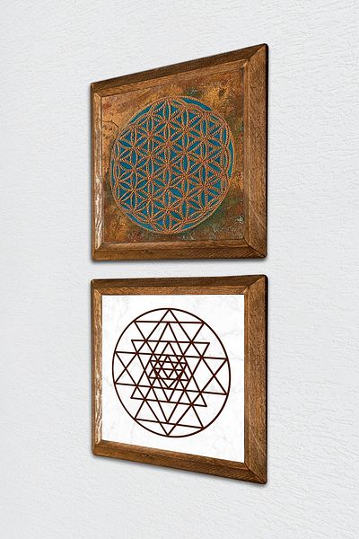 Pinecone Λουλούδι της Ζωής, Πέτρινη Ζωγραφική Τοίχων Sri Yantra με Ξύλινο Πλαίσιο Διακόσμηση Τοίχου 2 τεμαχίων Σετ ζωγραφικής -W2-476-
