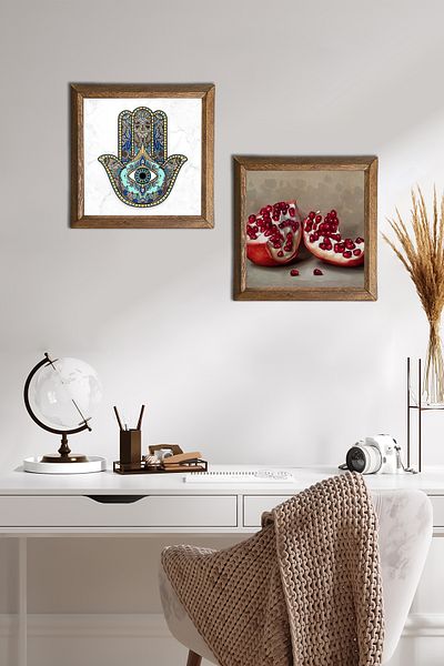 Pinecone Rodie, Fatma Ana Hand (Hamsa) Pictură pe perete din piatră Decor de perete cu rame din lemn Set de 2 picturi -W2-725-