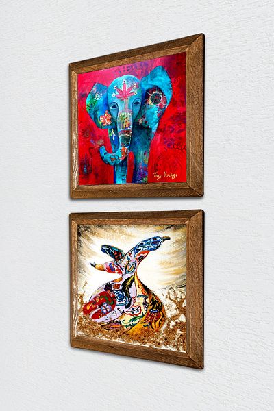 Pinecone Elephant, Whirling Dervish Stone Wall Painting with Wood Frame Wall Decor 2 Piece Painting Set Wall Art -W2-629-
