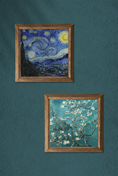 Pinecone Van Gogh Starry Night, Almond Tree Stone Wall Painting Wall Decor with Wooden Frame -W2-370-