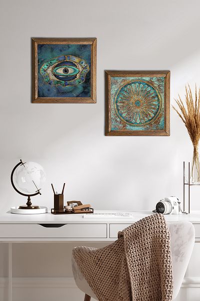 Pinecone Evil Eye, Flower of Life Stone Wall Painting Wooden Framed Wall Decor Set of 2 Painting Wall Art -W2-515-