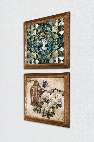Pinecone Arborele vieții, fluture, flori, pictură pe perete din piatră, decor de perete cu rame din lemn, set de 2 picturi -W2-295-
