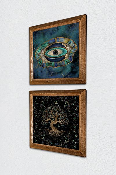 Pinecone Evil Eye, Tree of Life Stone Wall Painting Wooden Framed Wall Decor Set of 2 Painting Wall Art -W2-439-