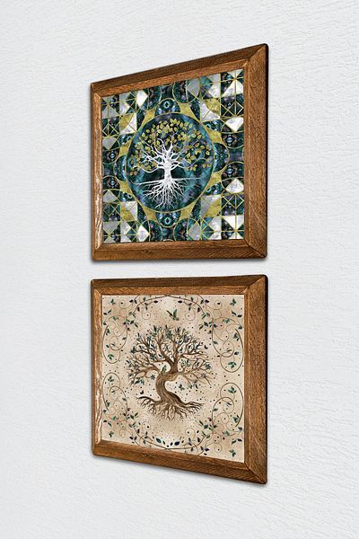 Pinecone Δέντρο της ζωής Πέτρινη Ζωγραφική Τοίχων με Ξύλινο Πλαίσιο Διακόσμηση Τοίχου 2 τεμαχίων Σετ Ζωγραφικής Wall Art -W2-221-