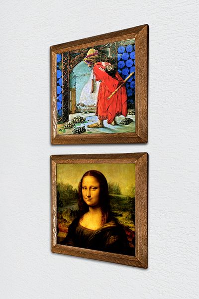 Pinecone Turtle Trainer, Da Vinci Mona Lisa Stone Wall Painting Wood Framed Wall Decor -W2-323-