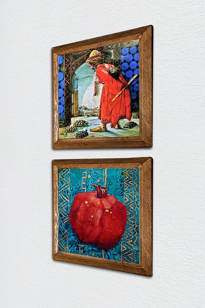Pinecone Turtle Trainer, Pomegranate Stone Wall Painting Wall Decor Set of 2 with Wooden Frame -W2-91-