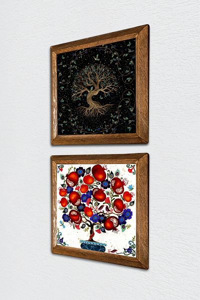 Pinecone Arborele vieții, pictură pe perete din piatră de pom de rodie, decor de perete cu rame din lemn, set de pictură din 2 piese -W2-162-