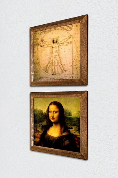 Pinecone Leonardo Da Vinci Mona Lisa, Vitruvian Man Stone Wall Painting Wood Framed Wall Decor -W2-322-