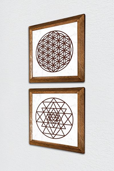 Pinecone Λουλούδι της Ζωής, Πέτρινη Ζωγραφική Τοίχου Sri Yantra με Ξύλινο Πλαίσιο Διακόσμηση Τοίχου 2 τεμαχίων Σετ ζωγραφικής -W2-465-