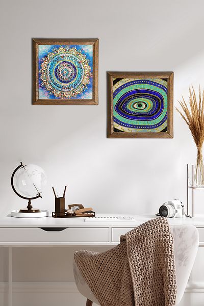Pinecone Mandala, Piatra cu ochi rău Pictură pe perete cu cadru din lemn Decor de perete Set de pictură din 2 piese Artă de perete -W2-562-