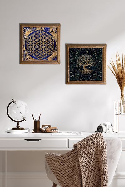 Pinecone Flower of Life, Tree of Life Stone Wall Painting Wood Framed Wall Decor 2 Piece Painting Set -W2-428-