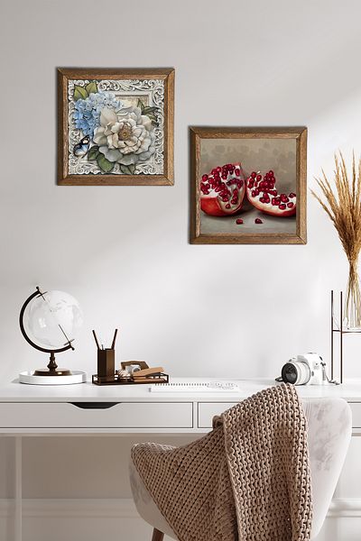 Pinecone Flower with Butterfly, Pomegranate Stone Wall Painting with Wooden Frame Wall Decor 2 Piece Painting Set -W2-731-