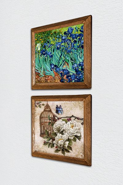 Pinecone Van Gogh Irisuri, Floare Fluture Pictură Perete Piatră Decor de Perete Cu Cadru Din Lemn Picturi 2 Buc -W2-288-