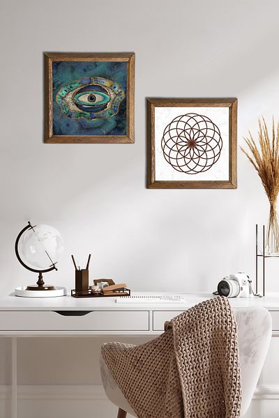 Pinecone Evil Eye, Flower of Life Stone Wall Painting Wooden Framed Wall Decor Set of 2 Painting Wall Art -W2-492-