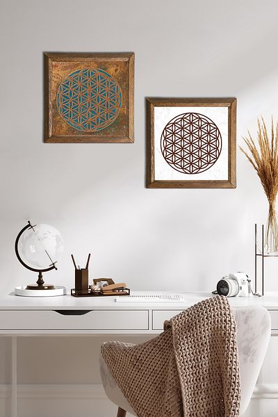 Pinecone Flower of Life Stone Wall Painting with Wood Frame Wall Decor 2 Piece Painting Set Wall Art -W2-486-