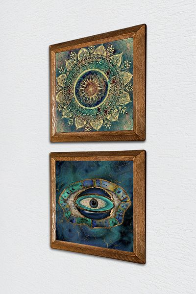 Pinecone Mandala, Evil Eye Stone Wall Painting with Wooden Frame Wall Decor 2 Piece Painting Set Wall Art -W2-568-