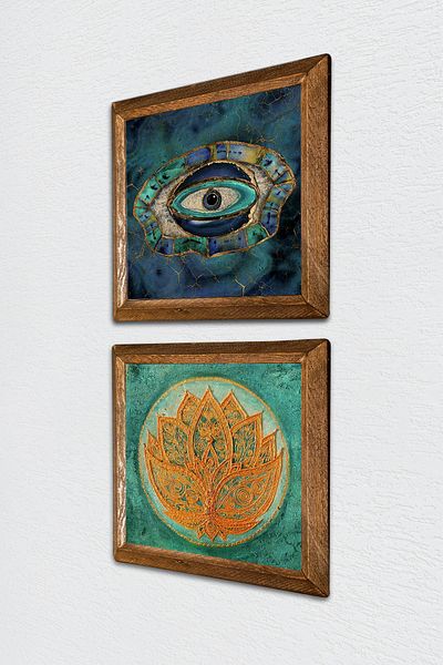 Pinecone Evil Eye, Floarea Lotusului Pictură pe perete din piatră Decor de perete cu rame din lemn Set de 2 picturi Wall Art -W2-536-