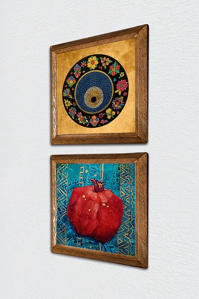 Pinecone Evil Eye, Pictură pe perete cu piatră de rodie Decor de perete cu rame din lemn Set de pictură din 2 piese Artă de perete -W2-104-
