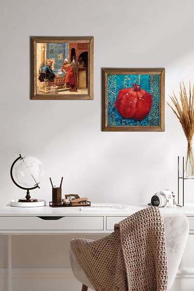 Pinecone Chess Game, Pomegranate Stone Wall Painting with Wooden Frame Wall Decor Set of 2 Painting Wall Art -W2-92-