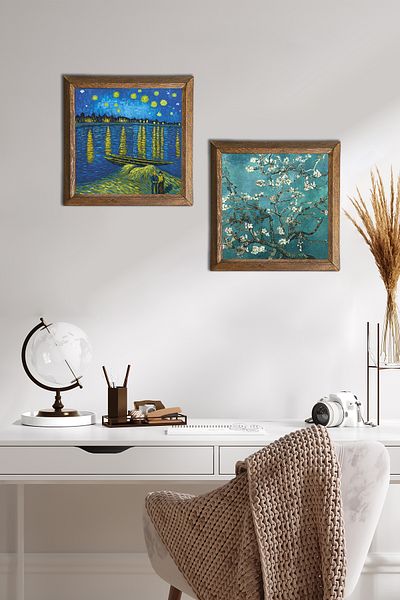 Pinecone Van Gogh Râul Râ, pictură pe perete din piatră de migdală, decor de perete cu rame din lemn, set de 2 picturi -W2-377-