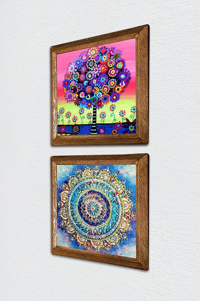 Pinecone Mandala, Arborele Vieții Pictură pe perete din piatră Decor de perete cu rame din lemn Set de pictură 2 piese -W2-659-