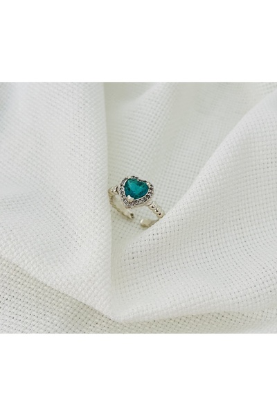 RM Bijuteri خاتم فولاذي على شكل قلب قابل للتعديل مرصع بأحجار الزركون باللون الفيروزي الفضي