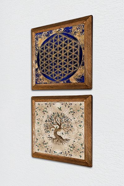 Pinecone Flower of Life, Tree of Life Stone Wall Painting Wood Framed Wall Decor 2 Piece Table Set -W2-204-