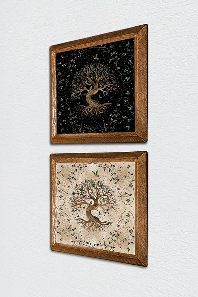 Pinecone Arborele vieții Pictură pe perete din piatră Decor de perete cu rame din lemn Set de pictură din 2 piese Artă de perete -W2-203-
