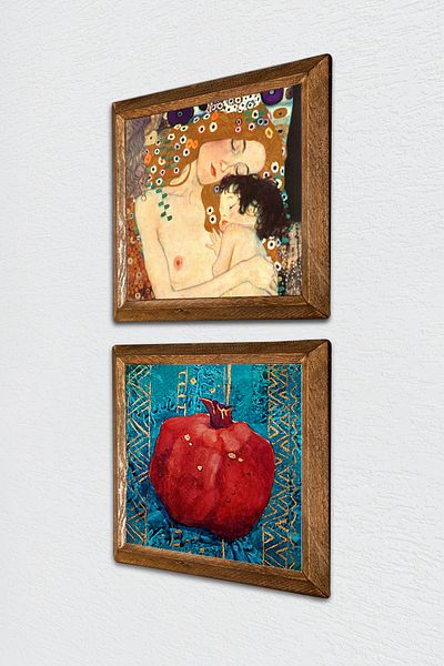 Pinecone Gustav Klimt Mother Child, Pomegranate Stone Wall Painting with Wooden Frame Wall Decor Set of 2 Painting -W2-95-