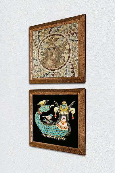 Pinecone Mosaic Series, Shahmeran Stone Wall Painting Wooden Framed Wall Decor 2 Piece Painting Set -W2-239-