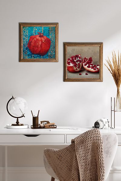 Pinecone Pictură de perete cu piatră de rodie Decor de perete cu rame din lemn Set de pictură din 2 piese Artă de perete -W2-609-