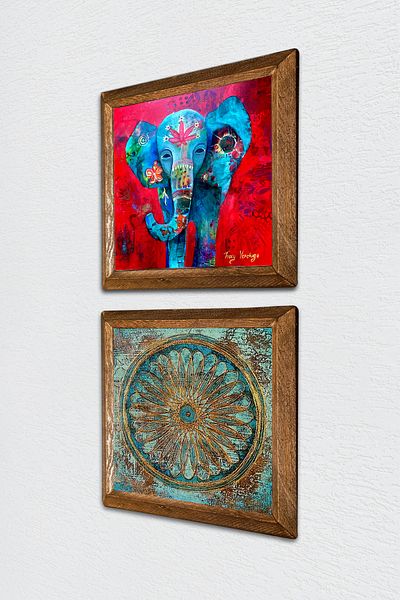 Pinecone Elephant, Flower of Life Stone Wall Painting with Wooden Frame Wall Decor Set of 2 Painting Wall Art -W2-516-