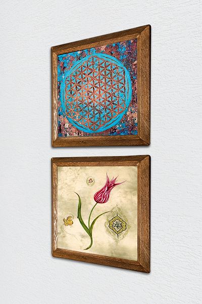Pinecone Flower of Life, Tulip Stone Wall Painting Wood Framed Wall Decor Set of 2 Painting Wall Art -W2-696-
