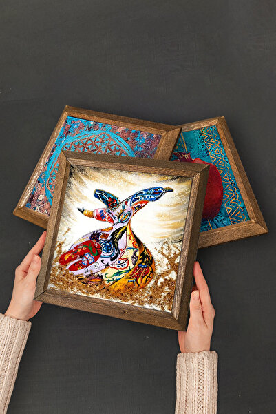 Pinecone Verse-Hand Kursi, Whirling Dervish Stone Wall Painting Wooden Framed Wall Decor 2 Piece Painting Set -W2-616-