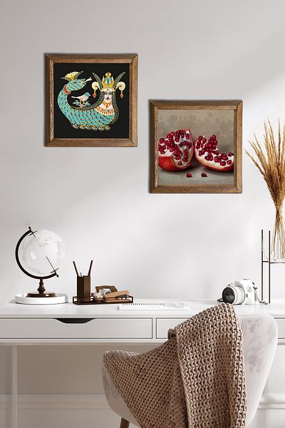Pinecone Şahmeran, pictură pe perete cu piatră de rodie, decor de perete cu cadru din lemn, set de pictură din 2 piese, artă de perete -W2-728-