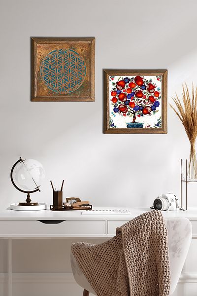 Pinecone Flower of Life, Pomegranate Tree Stone Wall Painting Wood Framed Wall Decor 2 Piece Painting Set -W2-192-